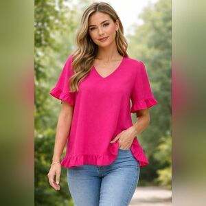 Emery Rose Pink Ruffle Button Shirt